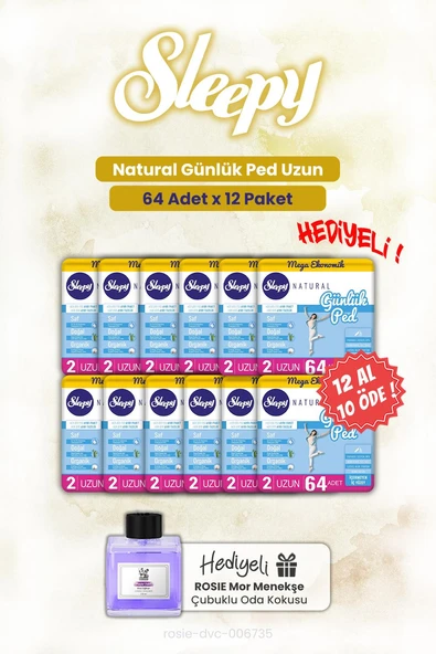 Sleepy 12 AL 10 ÖDE 64'lü Natural Günlük Ped Uzun ve ROSIE oda kokusu ürün görseli