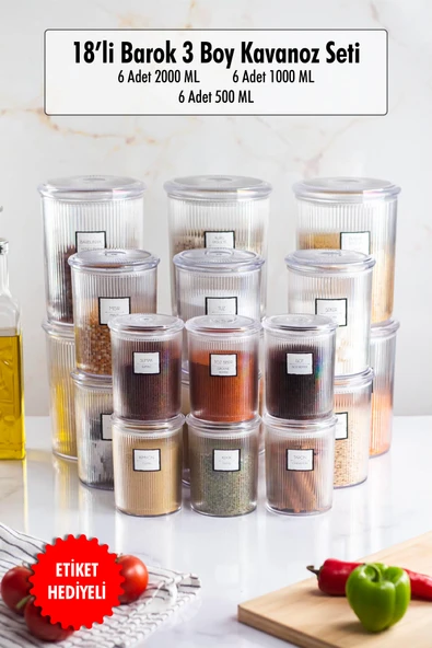 18'li Barok Yuvarlak 3 Boy Kavanoz Seti & Saklama Kabı & Erzak Kabı (6*2000 ML, 6*1000 ML ,6*500 ML) ürün görseli