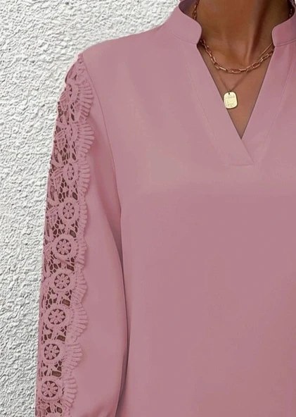 MDB Kadın Uzun Kollu Hakim Yaka Kolları Dantel Detaylı Ithal Krep Bluz - Resim 3