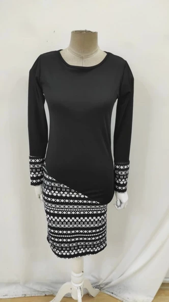 MDB Kadın Uzun Kollu Bisiklet Yaka Desenli Dalgıç Elbise - Resim 5