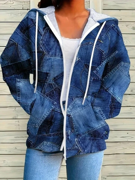 MDB Kadın Uzun Kollu Kapşonlu Fermuarlı Kot Desenli Bağcıklı Modal Ceket - Resim 3