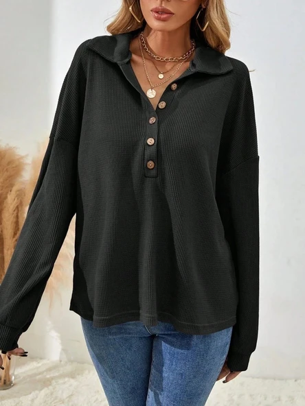 MDB Kadın Uzun Kollu Yakalı Düğmeli Salaş Waffle Bluz - Resim 4