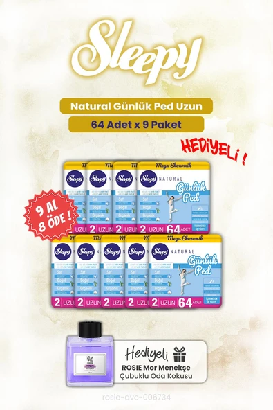 9 AL 8 ÖDE Sleepy Natural Günlük Ped Uzun 64'lü ve ROSIE oda kokusu ürün görseli