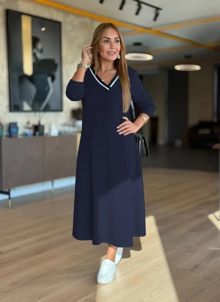 MDB Kadın Uzun Kollu V Yakalı Midi Modal Elbise - Resim 2