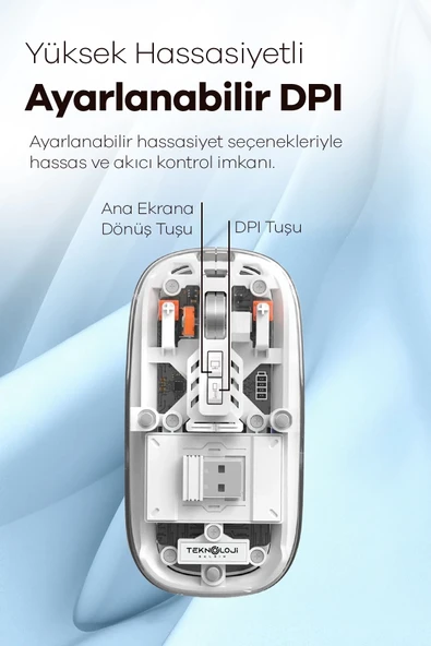 Bluetooth Usb Çift Modlu Sessiz Mouse, Şeffaf Mıknatıslı Kapaklı, Type-c Şarjlı, Dpı Ayarlı, Kablosuz 10m Çekim Mesafeli - Resim 5