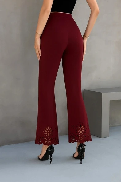 MDB Kadın Yüksek Bel Paçaya Doğru Genişleyen Lazer çiçek Kesim Detaylı Ithal Krep Pantolon - Resim 2