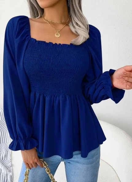 MDB Kadın Uzun Kollu Geometrik Yakalı Gipe Detaylı Krep Bluz - Resim 3