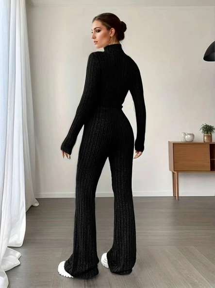 MDB Kadın Uzun Kollu Balıkçı Yaka Krop Ve Pantolon şardonlu Kaşkorse Ikili Takım - Resim 2