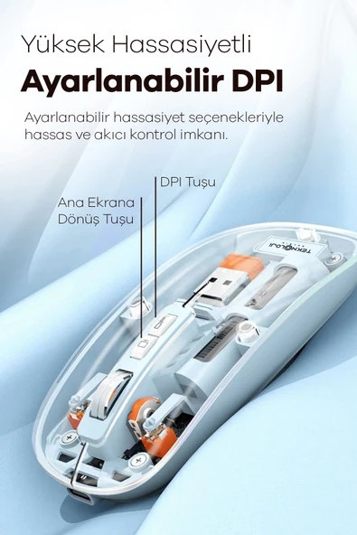 Bluetooth Usb Çift Modlu Sessiz Mouse, Şeffaf Mıknatıslı Kapaklı, Type-c Şarjlı, Dpı Ayarlı, Kablosuz 10m Çekim Mesafeli - Resim 3