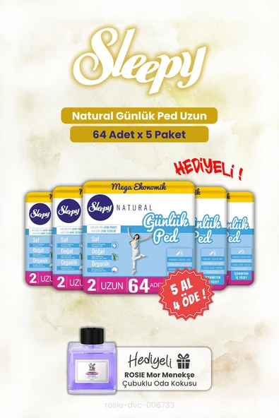 Sleepy 5 AL 4 ÖDE Natural Günlük Ped Uzun 64'lü ve ROSIE oda kokusu ürün görseli