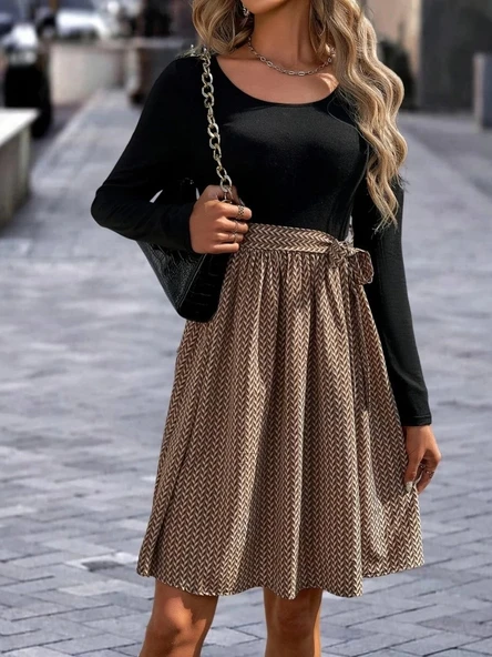 MDB Kadın Uzun Kollu Yuvarlak Yaka üst Viskon Alt Süprem Midi Elbise - Resim 3