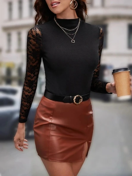 MDB Kadın Uzun Kollu Yarı Balıkçı Yaka Tüllü Kaşkorse Bluz - Resim 4