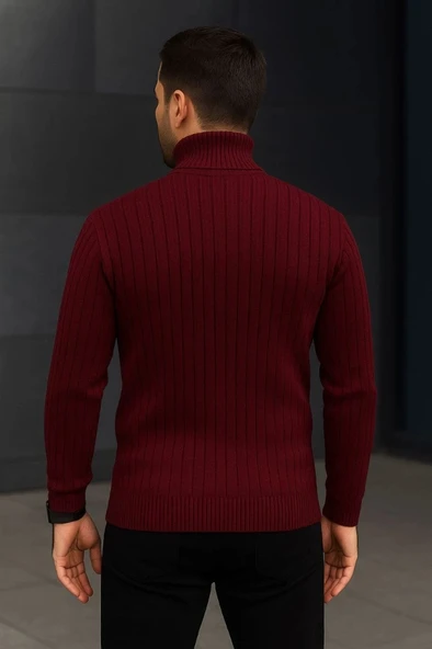 MDB Erkek Fitilli Triko Kazak 2li et Bordo iyah Regular Balıkcı Yaka Tam Boğazlı Triko eti odeli Kazak - Resim 2