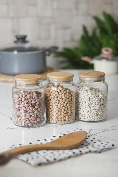 3 Lü Set Bambu Kapaklı Cam Kavanoz & Erzak Saklama Kabı 800 ml Orta  Boy ( Vakum Kapak ) - Resim 4