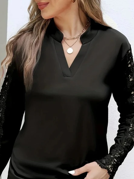 MDB Kadın Uzun Kollu Hakim Yaka Kolları Dantel Detaylı Ithal Krep Bluz - Resim 2