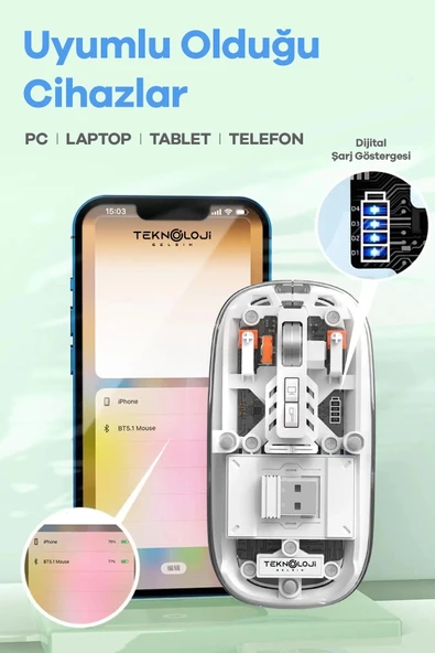 Bluetooth Usb Çift Modlu Sessiz Mouse, Şeffaf Mıknatıslı Kapaklı, Type-c Şarjlı, Dpı Ayarlı, Kablosuz 10m Çekim Mesafeli - Resim 6
