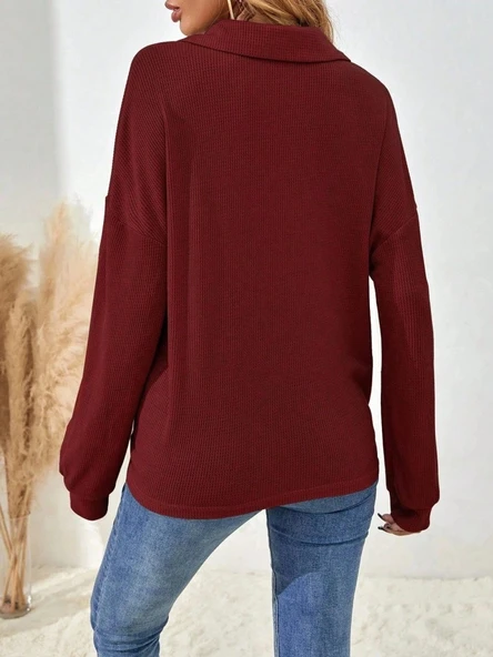 MDB Kadın Uzun Kollu Yakalı Düğmeli Salaş Waffle Bluz - Resim 5