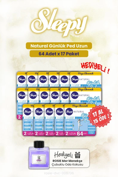 Sleepy Günlük Ped 17 AL 15 ÖDE Natural Uzun 64'lü ve ROSIE oda kokusu ürün görseli