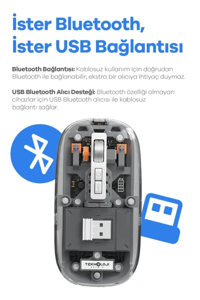 Bluetooth Usb Çift Modlu Sessiz Mouse, Şeffaf Mıknatıslı Kapaklı, Type-c Şarjlı, Dpı Ayarlı, Kablosuz 10m Çekim Mesafeli - Resim 5