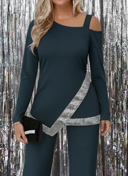 MDB Kadın Tek Omuzdan Açık Uzun Kollu önü Pulpayet Ithal Krep Bluz Ve Pantolon - Resim 2