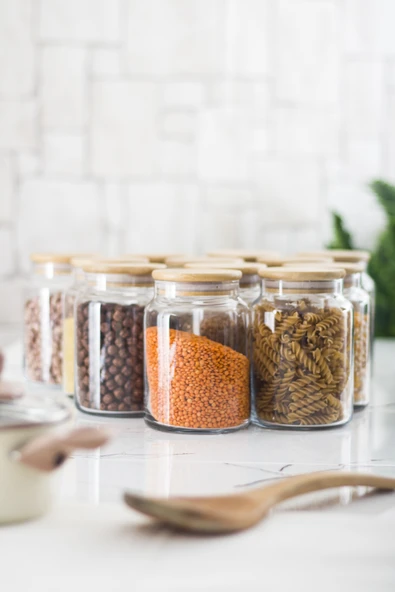 12 Lü Set Bambu Kapaklı Cam Kavanoz & Erzak Saklama Kabı 800 ml Orta  Boy ( Vakum Kapak ) - Resim 3