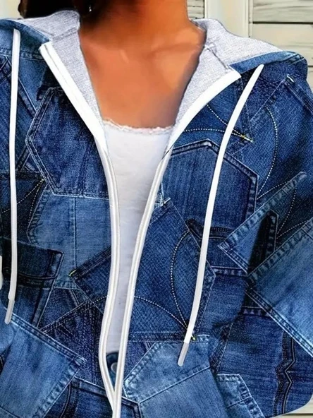 MDB Kadın Uzun Kollu Kapşonlu Fermuarlı Kot Desenli Bağcıklı Modal Ceket - Resim 2