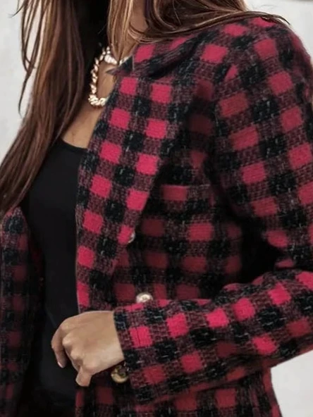 MDB Kadın Uzun Kollu Yakalı Kare Desenli Ekoseli Düğmeli Ceket - Resim 2