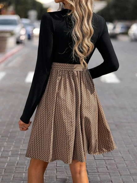 MDB Kadın Uzun Kollu Yuvarlak Yaka üst Viskon Alt Süprem Midi Elbise - Resim 4