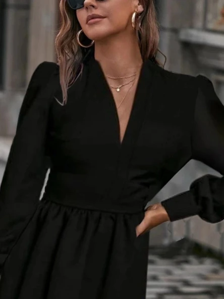 MDB Kadın Uzun Kollu V Yaka Belden Hafif Pileli Scuba Krep Mini Boy Elbise - Resim 2