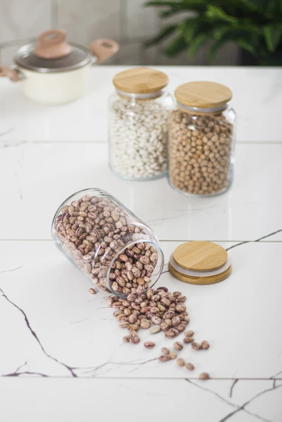 3 Lü Set Bambu Kapaklı Cam Kavanoz & Erzak Saklama Kabı 800 ml Orta  Boy ( Vakum Kapak ) - Resim 5