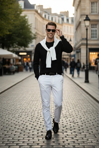 DeepSEA Erkek Rahat Kalıp Çizgi Dokulu Triko Kazak – Şık & Modern Tasarım 2605432 - Resim 2