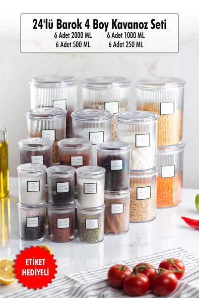 24'lü Barok Yuvarlak 4 Boy Kavanoz Seti & Saklama Kabı & Erzak Kabı (6*2000 ML, 6*1000 ML, 6*500 ML, 6*250 ML) ürün görseli