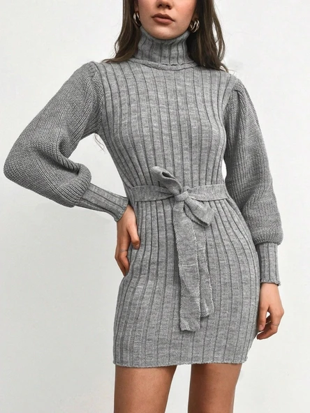 MDB Kadın Uzun Kollu Balıkçı Yaka Beli Kuşaklı Mini Triko Elbise - Resim 5