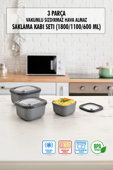Kare 3 Parça Vakumlu Sızdırmaz Hava Almaz Saklama Kabı Seti Füme (1800/1100/600 Ml) ürün görseli