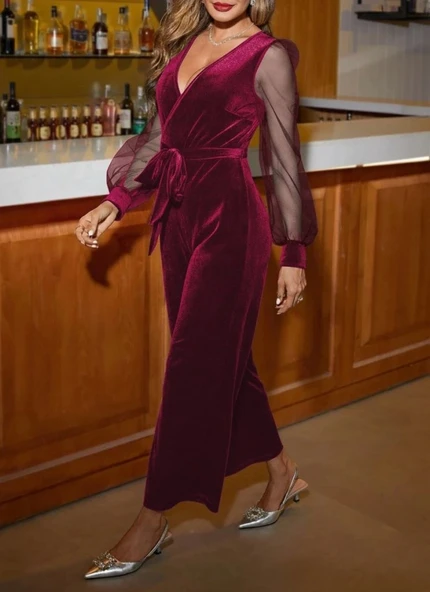 MDB Kadın Uzun Kollu Kruvaze Yakalı Belden Kuşaklı Tül Detaylı Kadife Tulum - Resim 3