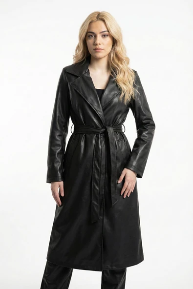 Kadın Siyah Uzun Deri Trençkot Cepli Kuşaklı Rüzgar Kapaklı Yeni Sezon Dış Giyim ürün görseli