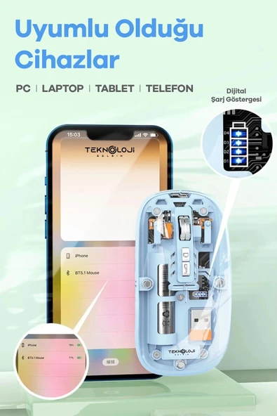 Bluetooth Usb Çift Modlu Sessiz Mouse, Şeffaf Mıknatıslı Kapaklı, Type-c Şarjlı, Dpı Ayarlı, Kablosuz 10m Çekim Mesafeli - Resim 5