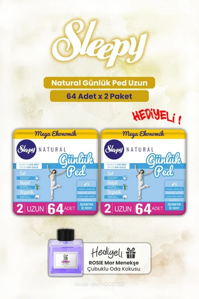 Sleepy Natural 64'lü Günlük Ped Uzun X 2 ve ROSIE oda kokusu ürün görseli