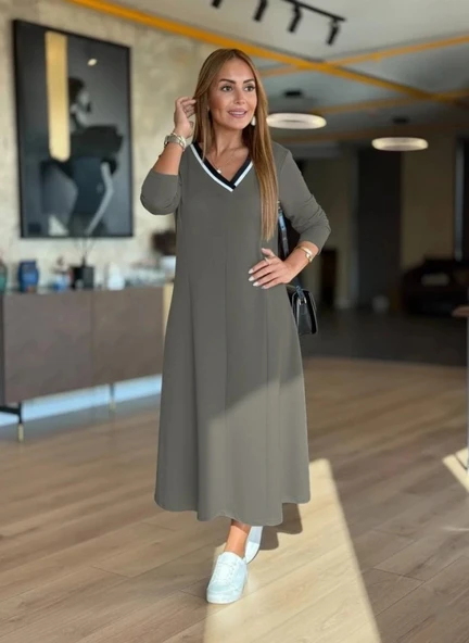 MDB Kadın Uzun Kollu V Yakalı Midi çağla Yeşili Modal Elbise - Resim 3