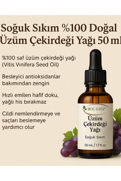 Bolvadi %100 Doğal Soğuk Sıkım Üzüm Çekirdeği Yağı 50ML – Gözenek Sıkılaştırıcı & Besleyici ürün görseli 1