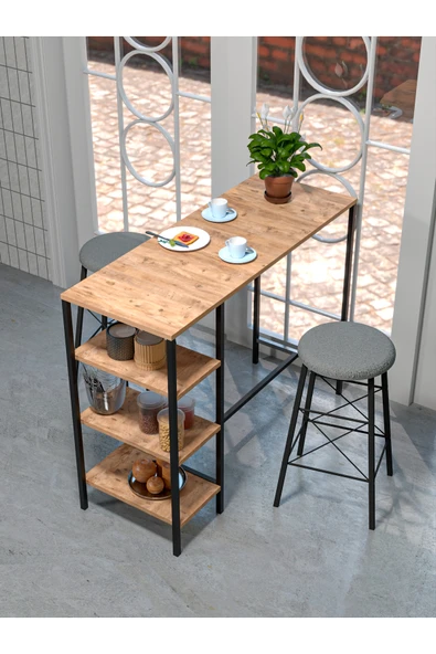 Retodesign RETODESİGN RAFLI YUVARLAK TABURELİ BAR TAKIMI 4651A - Resim 3