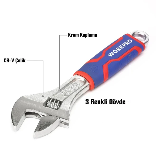 WORKPRO WP272011 200mm Cr-V Profesyonel Kurbağacık Anahtar - Resim 2