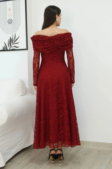 Aşkın Büyüsü Dantel Abiye Elbise 6055-Bordo - Resim 7