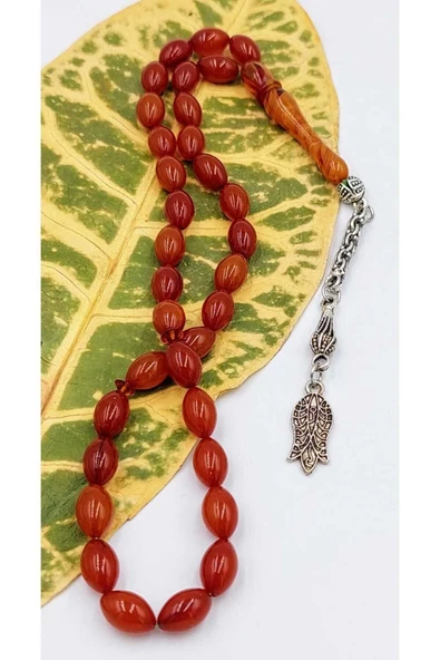 Turuncu Hareli Arpa Kesim Alpaka Püskül Kehribar Tespih - Resim 5