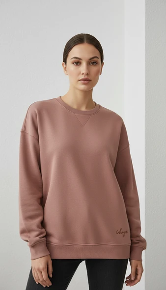 Kadın Sıfır Yaka Üç İp Şardonlu Koty Sweatshirt Somon ürün görseli