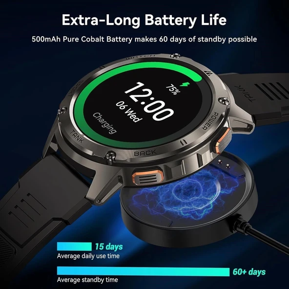 AMAZTIM Akıllı Saat, 60 Gün Pil Ömrü, Yüzme Dalış, Tam Metal - Siyah - Resim 4