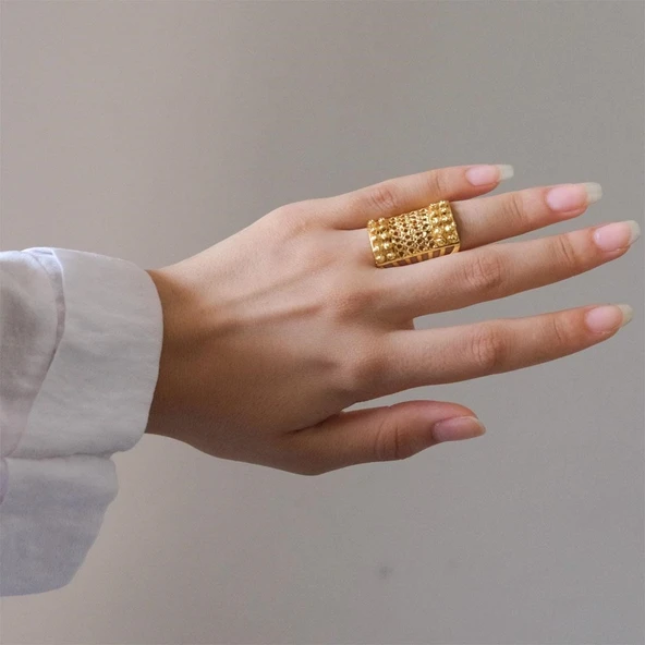 Çelik Yüzük Kadın Altın Kaplama Desenli Kaburga Model YZK-493 - Resim 2