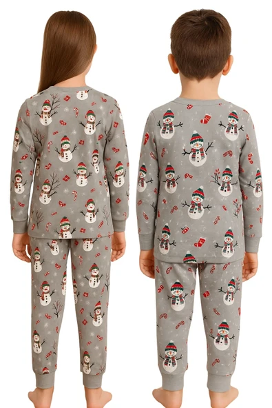 Unisex Yılbaşı Temalı Cute Kardan Adam Desenli Çocuk Pijama Takımı - Resim 9