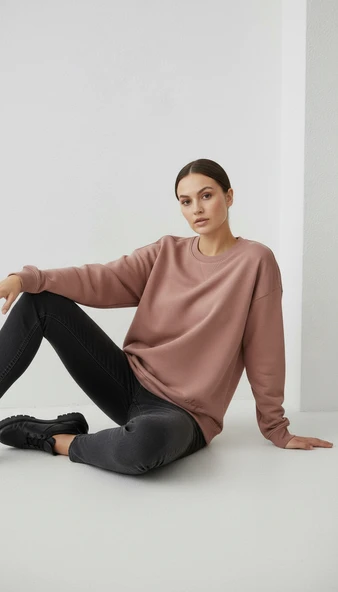 Kadın Sıfır Yaka Üç İp Şardonlu Koty Sweatshirt Somon - Resim 3