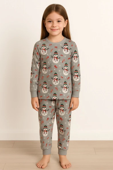 Unisex Yılbaşı Temalı Cute Kardan Adam Desenli Çocuk Pijama Takımı - Resim 3